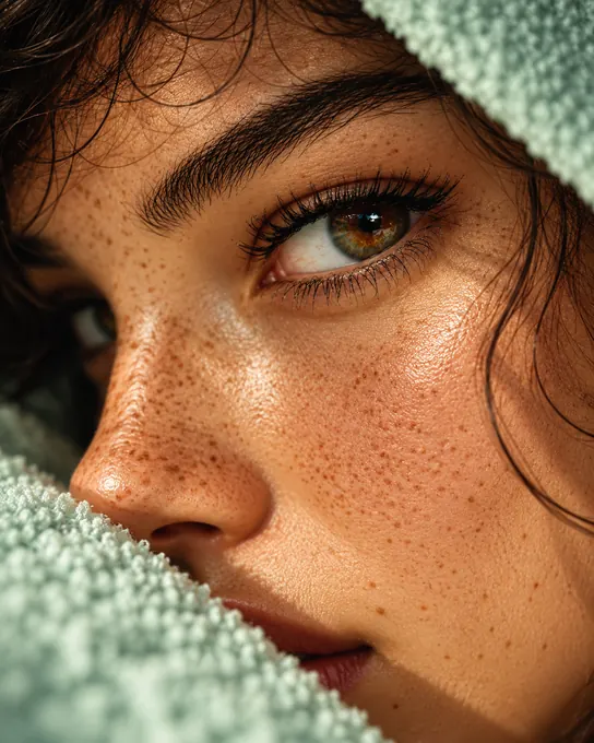 Close up of a woman with freckled, glowing skin wrapped in a soft towel