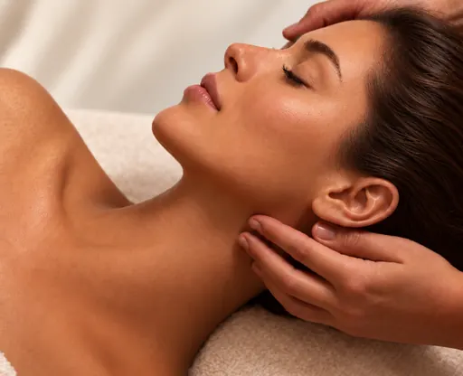 A client relaxing during a facial while a provider cradles her head